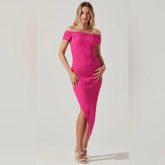 NWT ASTR The Label Loriana Dress Size XL Pink Ribbed Bodycon Off the Shoulder - Picture 1 of 16